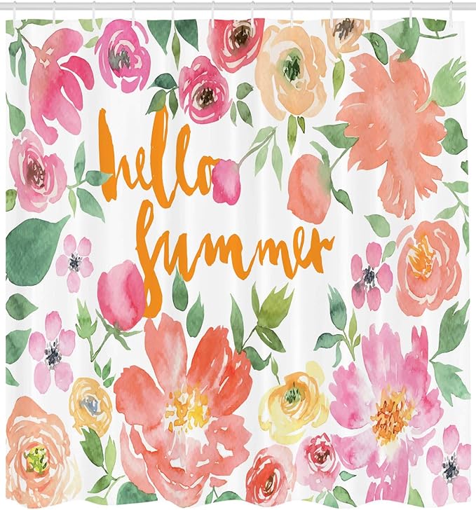 Ambesonne Summer Shower Curtain, Flower Rose Wreath Classic Frame Border with Hello Summer Note Congratulation Event, Cloth Fabric Bathroom Decor Set with Hooks, 69" W x 75" L, Pink Coral