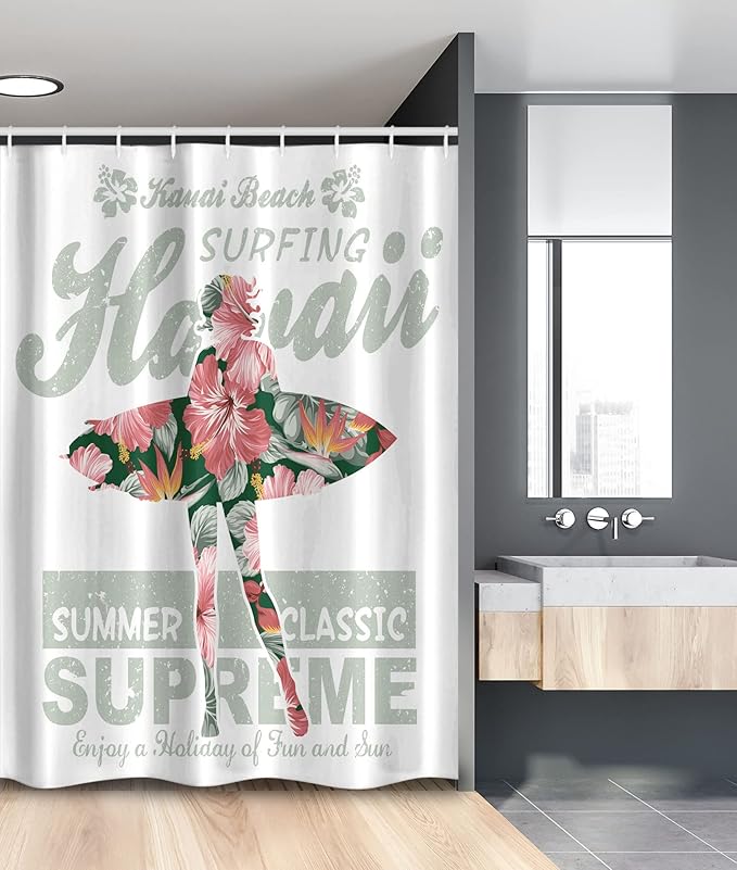 Ambesonne Hawaiian Stall Shower Curtain, Tropical Hawaii Hibiscus Surfing Girl Silhouette Surfboard Retro Themed Artprint, Fabric Bathroom Decor Set with Hooks, 54" W x 78" L, Fuchsia Green