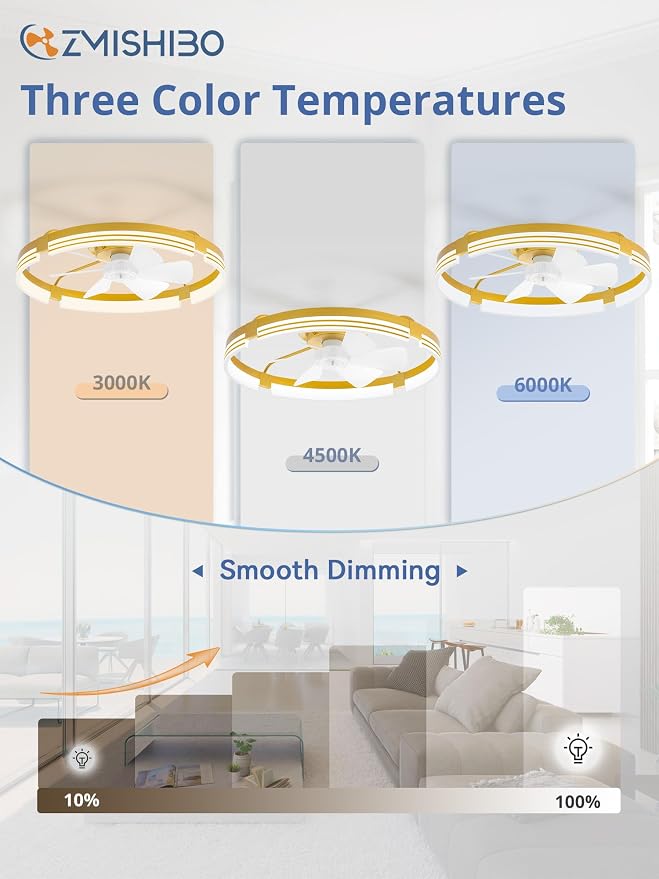 ZMISHIBO 24 Inch Low Profile Ceiling Fans with Lights and Remote, 3000K-6000K Dimmable Fandelier LED Fan Light, Flush Mount Ceiling Fan with Light, 6 Wind Speeds Ceiling Fans for Bedroom- Gold