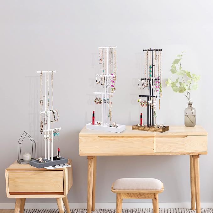 Love-KANKEI 3-Tier Jewelry Organizer Stand Holder,Adjustable Height,White | Metal Rod,Solid Wood Base,Easy to Install,Tree Style,Display Long Necklaces,Bracelets,Earrings,Rings,Watches,Bangles,Gift