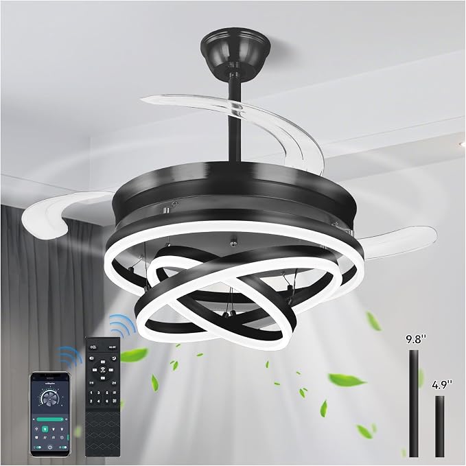 Retractable Ceiling Fans with Lights, 42" Fandelier Ceiling Fan with Light and Remote, Reversible, 3 CCT, Dimmable, Modern Chandelier Ceiling Fan for Bedroom, Living Room, Dining Room (Black)