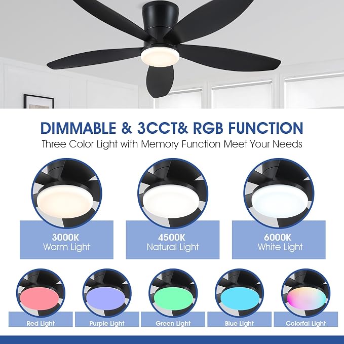 Surtime Flush Mount RGB Ceiling Fans with Lights-48 Low Profile Ceiling Fan with Light and Remote/APP Control,DC Reversible,LED Dimmable Blakc Ceiling Fans for Bedroom,Indoor/Outdoor Patio Use