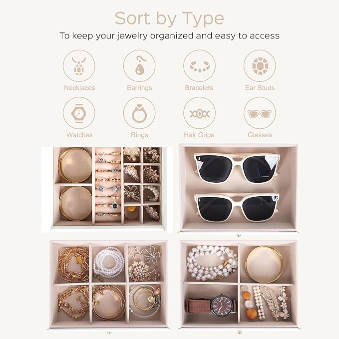 Dajasan Large Jewelry Box Organizer, Jewelry Storage Organizer with 3 Drawers, Huge Jewelry Box with Mirror for Women Girls, Double Door, Textured PU Leather, Gift Idea, Stylish (White + Gold)