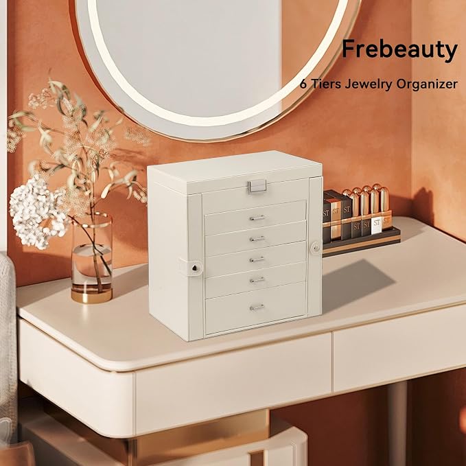 Frebeauty 6-Layer Jewelry Box for Women,Large Jewelry Organizer with Drawer | Faux Leather,Built-in Mirror,Spacious Jewelry Storage,16 Necklace Hooks,Organizing by Category for Rings Earrings Bracelet