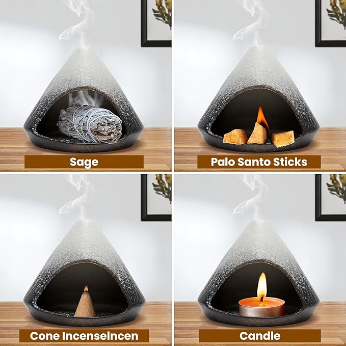 Palo Santo Holder, Mini Ceramic Zongzi Chimenea for Sage/Sticks/Cone, Modern Incense Burner for Yoga, Meditation, Energy Cleansing-Smudge Bowl with Ash Catcher, Anxiety Relief Gift to Women