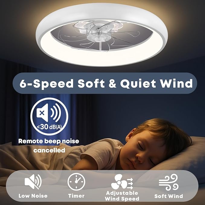 FSZDORJ 20'' Ceiling Fan with Light and Remote, Low Profile Ceiling Fan with Light, Dimmable Flush Mount Ceiling Fan Light, 6 Speeds Fan, App&Remote Control, Fandelier Quiet Fan for Bedroom F109 White