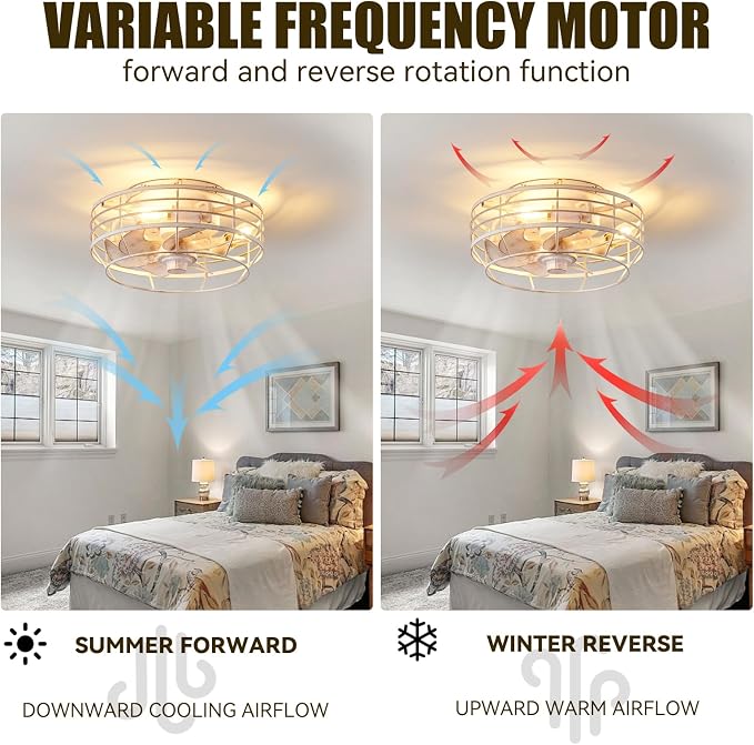 Ceiling Fan with Light and Remote, Modern Flush Mount Fan Lights Cage Ceiling Fixture, Bladeless 12 in 6 Speeds Fans with Lights for Kitchen Bedroom Living Room, White and Gold