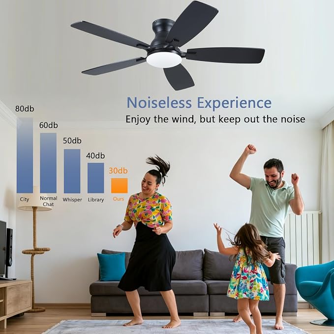 NKPU Ceiling Fans with Lights, Low Profile Ceiling Fan with Light and Remote/APP Control, DC Motor, Noiseless, Flush Mount, 46inch Black Ceiling Fan for Bedroom Indoor/Outdoor Use