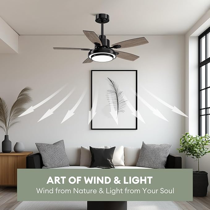 Ceiling Fans with Lights and Remote Control, 42 Inch Flush Mount Ceiling Fan with Quiet Reversible DC Motor, Dimmable LED Lighting, 6 Speeds, Timer, Black Ceiling Fan for Bedroom Living Room