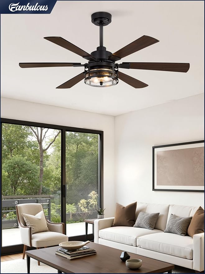 48" Farmhouse Ceiling Fans with Lights and Remote,Industrial Large Ceiling Fan with 6-Speed Reversible DC Motor and 6 Dual Finish Blades,Black Ceiling Fan with Light for Living bedroom Patio