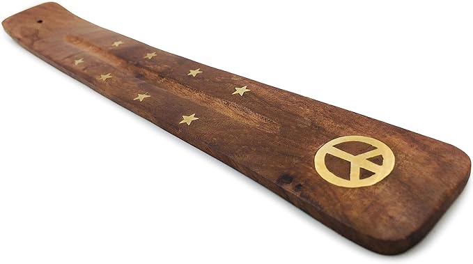 Incense Holder with Peace Sign - Wooden Tray Incense Burner Holder with Brass Inlay - for Incense Sticks, Meditation Accessories, Room Decor - 10 Inches