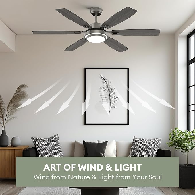 Fanbliss 60 Inch Grey Large Ceiling Fans with Lights and Remote Control for Living Room, Modern Ceiling Fan with Quiet Reversible DC Motor, Ceiling Fan Lights for Garage, Patio, Indoor and Outdoor