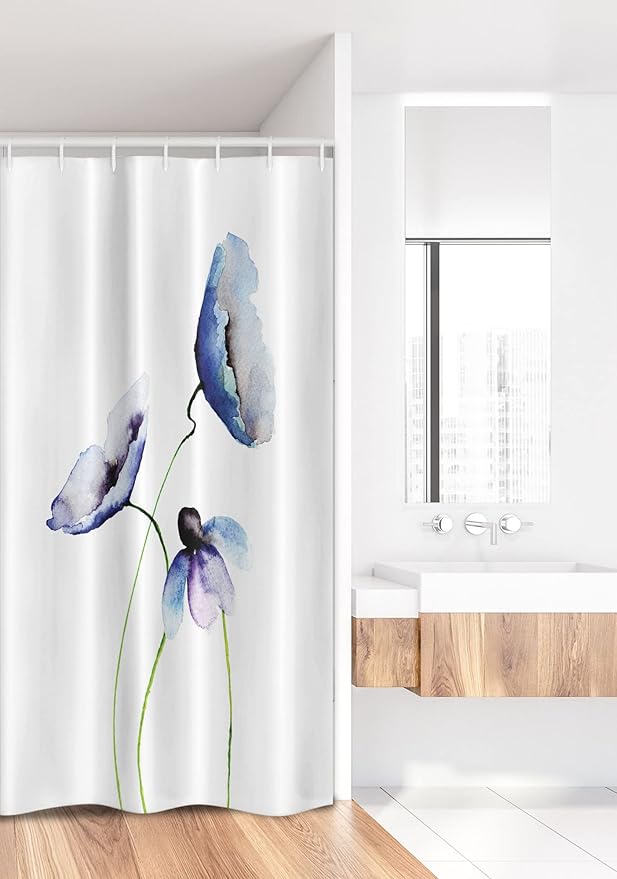 Ambesonne Watercolor Flower Stall Shower Curtain, Abstract Poppies Blossoms Simple Composition Picture, Fabric Bathroom Decor Set with Hooks, 36" W x 72" L, Blue and Green