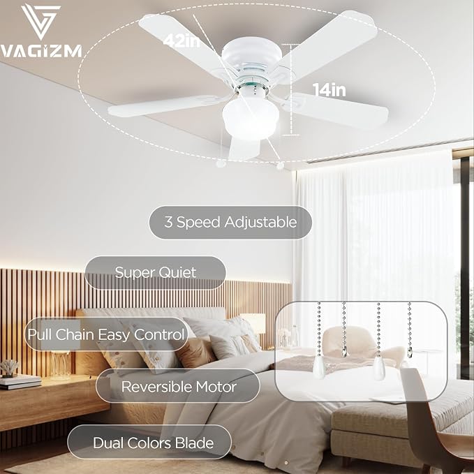 42" Flush Mount Ceiling Fan Matte White Traditional Ceiling Fan with Light & Pull Chain - Low Profile Design - Indoor Use