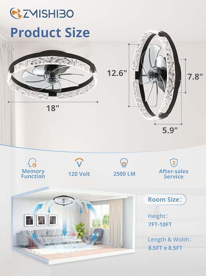 ZMISHIBO Ceiling Fans with Lights and Remote, 18 Inch Flush Mount Fan Light, 6 Speeds, 3CCT, Dimmable, Low Profile Ceiling Fan, Modern Ceiling Fan with Light for Bedroom and Living Room, Black
