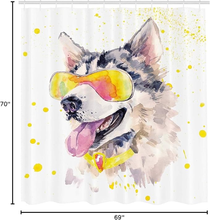 Ambesonne Animal Shower Curtain, Funny Husky Dog with Sunglasses Humorous Watercolor Cool Puppy Picture, Cloth Fabric Bathroom Decor Set with Hooks, 69" W x 70" L, Yellow Beige