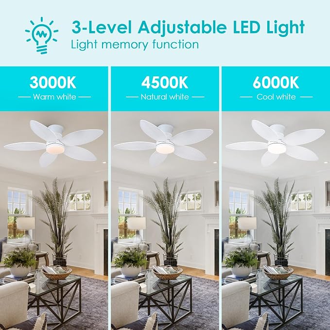 Surtime 46" White Ceiling Fans with RGB Lights - Flush Mount Ceiling Fan Light with LED 3CCT Dimmable, Tropical Palm Leaf Ceiling Fans for Indoor Party,Covered Outdoor