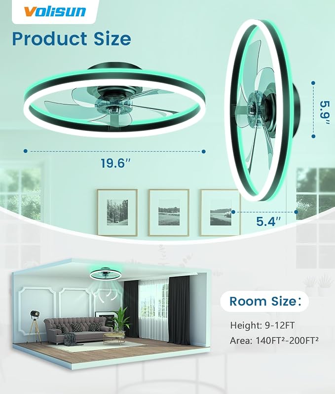 VOLISUN RGB Ceiling Fans with Lights and Remote, 20in Low Profile Ceiling Fans with Lights Flush Mount, 3000K-6500K Dimmable Fandelier LED Fan Light, Black Bladeless Ceiling Fans for Bedroom
