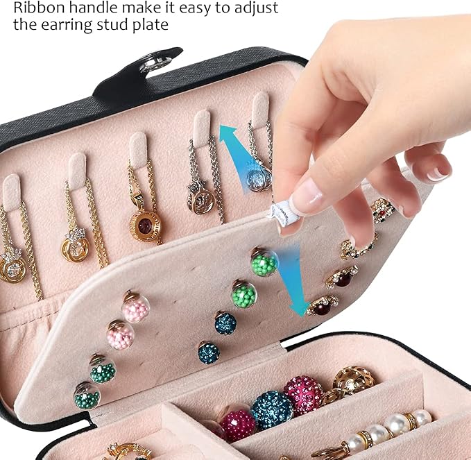 Hatori Travel Jewelry Box, PU Leather Small Jewelry Organizer for Women Girls, Double Layer Portable Mini Travel Case Display Storage Holder Boxes for Stud Earrings, Rings (Black Beige)