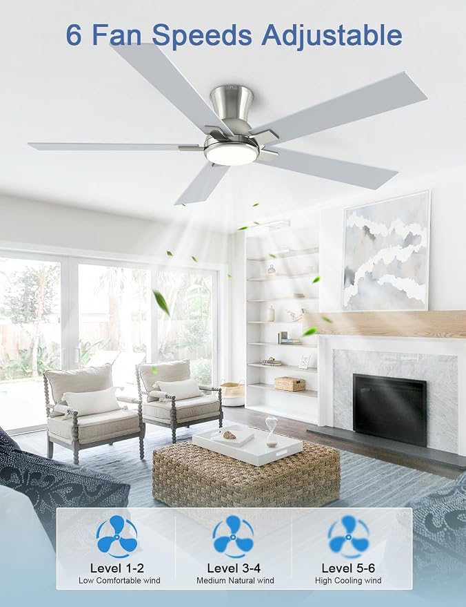 60 Inch Brushed Nickel Flush Mount Ceiling Fans with Lights, 3CCT Dimmable LED, 6-Speed Remote Control, Reversible Motor,Quiet Low Profile Energy-Efficient for Bedroom & Living Room,ETL Listed