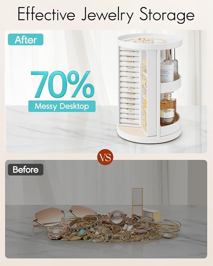 VLANDO 360°Rotating Jewelry Box,Earring Organizer Large Vertical Jewelry Organizer with 6 Necklace Hooks, Open Ring Display Storage for Women -White