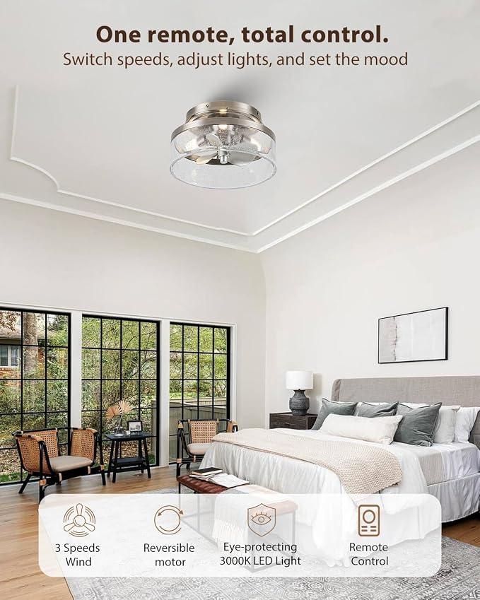 Low Profile Nickel Caged Ceiling Fan with Light and Remote, 13.2” Modern Flush Mount Ceiling Fan, DC Motor, Max 1100 RPM Silver Fandelier Ceiling Fans with LED Light for Bedroom Kitchen