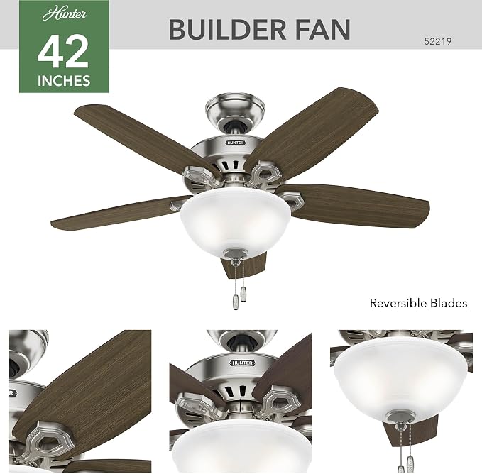 Hunter 42 inch Indoor Ceiling Fan with LED Light - Ceiling Fan with Pull Chain, For Bedroom or Living Room, Standard Mount, No Remote, 5 Blades, Includes Bulbs - Builder 52219, Brushed Nickel