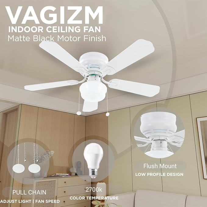 42" Flush Mount Ceiling Fan Matte White Traditional Ceiling Fan with Light & Pull Chain - Low Profile Design - Indoor Use
