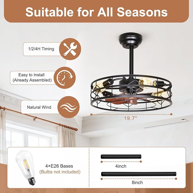 TCL 20 Inch Caged Ceiling Fans with Lights and Remote, Low Profile Flush Mount Fandelier, Rustic Farmhouse Style Ceiling Fans for Bedroom,Kitchen,Living Room,Easy to Install