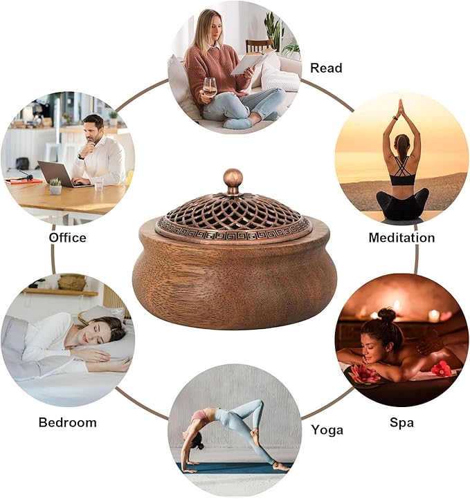 2 Pack Incense Cone Holder, Retro Wooden Cone Incense Burner Holder with Brass Cover, Vintage Bakhoor Burner for Sticks Coil, Frankincense Room Home Decor Yoga Spa Meditation (P)