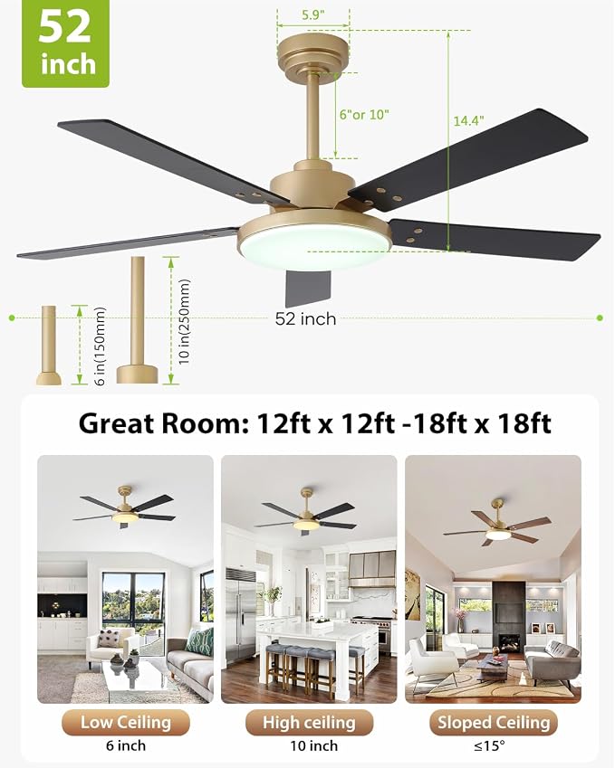 52 Inch Gold Ceiling Fans with Lights and Remote/APP, 12.2'' Large 3CCT LED Light Panel, Modern Smart Black and Gold Ceiling Fan for Bedroom Living Room, ETL Listed, 6 Speeds Quiet DC Motor