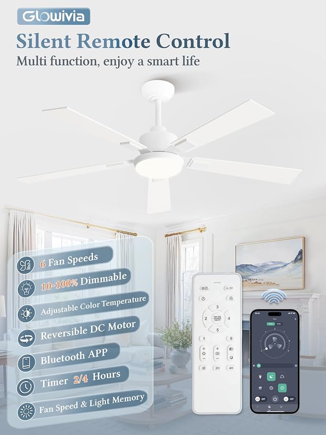 52 Inch Ceiling Fans with Lights and Remote&APP Control, White Smart Ceiling Fan with 3000-6000K Dimmable, 10 Speeds Quiet Reversible Motor, Indoor/Outdoor Ceiling Fan for Bedroom Living Room