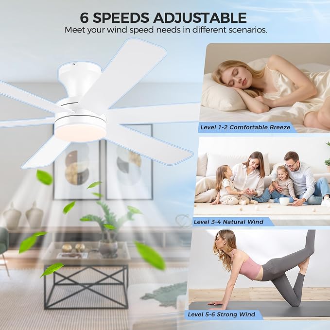 GJeg Ceiling Fans with Lights,46" Low Profile Ceiling Fan with Light and Remote Control,Flush Mount, Reversible, Dimmable, Noiseless, White Ceiling Fan for Bedroom