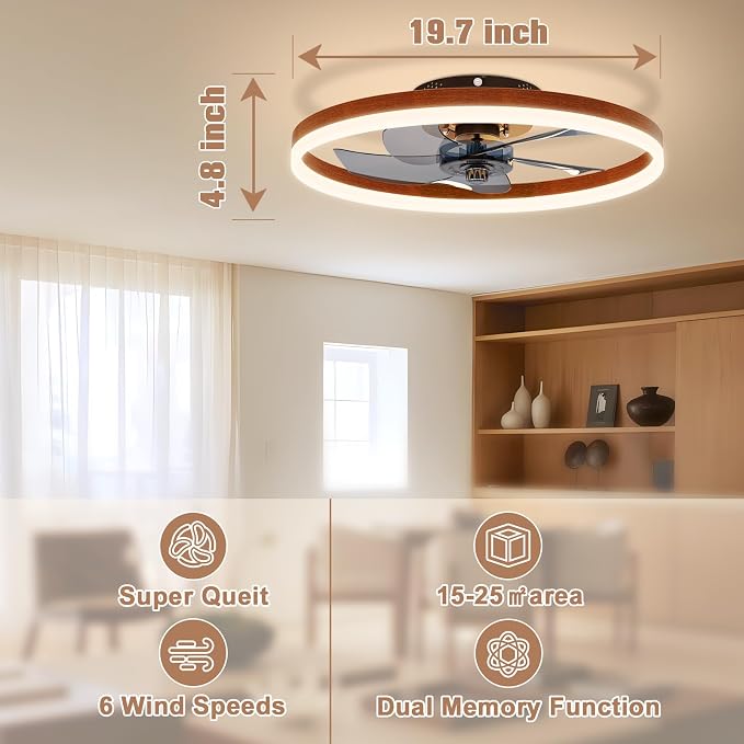 VOLISUN Farmhouse Ceiling Fans with Lights and Remote,No Assembly, 19.7in Low Profile Ceiling Fan Flush Mount, 3000K-6500K Dimmable Bladeless Fandelier Ceiling Fans with Lights for Bedroom(Walnut)