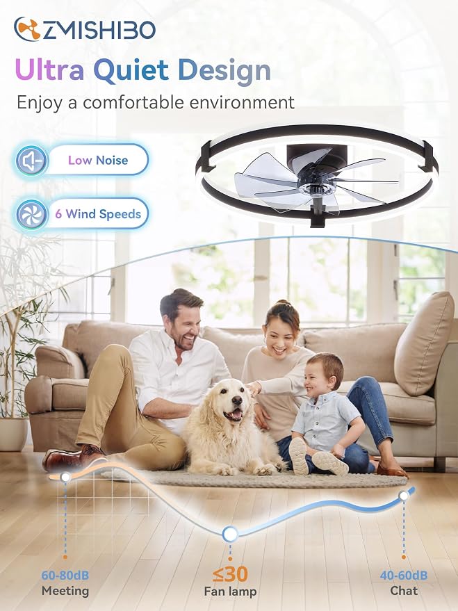 ZMISHIBO RGB Ceiling Fans with Lights and Remote, 23 inch Low Profile Ceiling Fan with Light, 3000K-6000K Dimmable & RGB, Modern Fandelier Flush Mount Ceiling Fan, Small LED Fan for Bedroom,Black