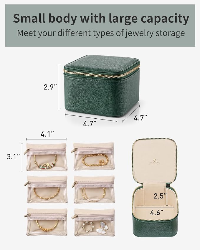 VLANDO Jewelry Travel Case,Travel Jewelry Organizer with Clear Velvet Jewelry Bags 6Pcs Zipper Pouch for Women Girl Christmas Wedding Gift-Green