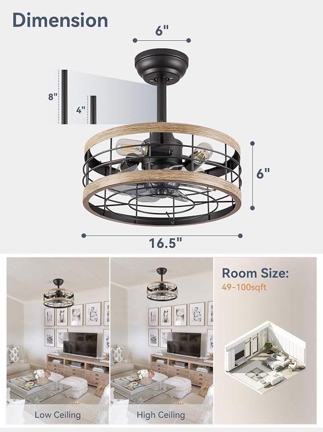 LEDIARY 16.5in Caged Ceiling Fan with Light, Fandelier Industrial Ceiling Fan with Remote, Rustic Metal Fan Lights Ceiling Fixtures for Kitchen, Farmhouse, Bedroom（6 Speed,1/2/4/8h Timing）-Brown