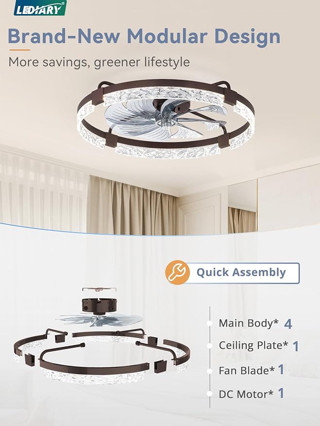 LEDIARY 24 Inch Low Profile Ceiling Fans with Lights and Remote, Flush Mount Fandelier Ceiling Fan, 3000K-6000K Dimmable LED Fan Light, Brown Modern Ceiling Fans with Lights for Bedroom