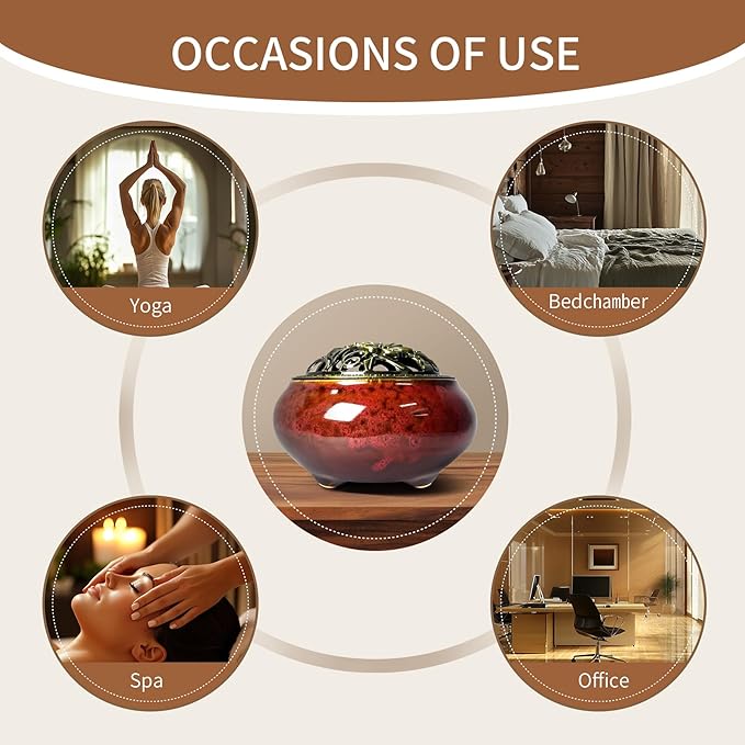 Ceramic Incense Burner, Bowl Burner,Cone Incense Burner with Brass lid for use with Stick or Cone-Shaped Incense，Lotus Incense Stick Holder Calabash Incense Stick Holder, 3pc (Fambe Red)