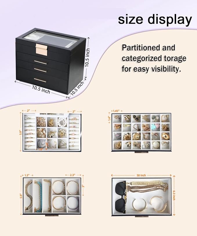 BOOVO Jewelry Boxes for Women, White and Black 6 Layer Large Jewelry Box for Necklace, Bracelet, Earrings, Rings Storage, Jewelry holder Organizer for Girls Gift (Clear Black, 4 layer)