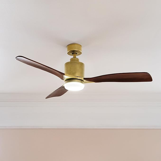 Kichler Ridley II 52" Ceiling Fan and Light Kit in Natural Brass, 3-Blade LED Ceiling Fan in Cherry Finish, 3000K, (52" W x 14.5" H), 300027NBR