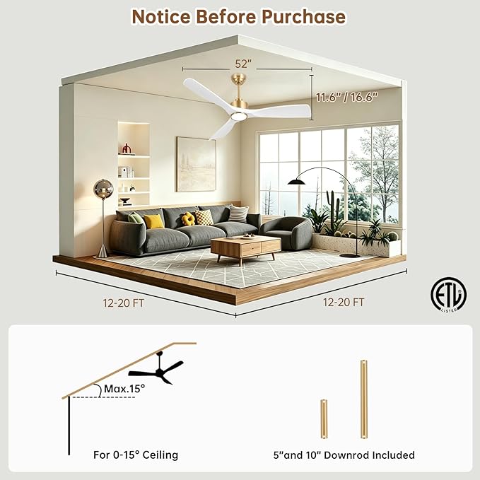 Ovlaim 52 Inch Smart Ceiling Fan with Light Remote, 6 Speed Quiet DC Motor High CFM, 3 Blade Modern White Gold Ceiling Fan for Bedroom Living Room, ETL Certified