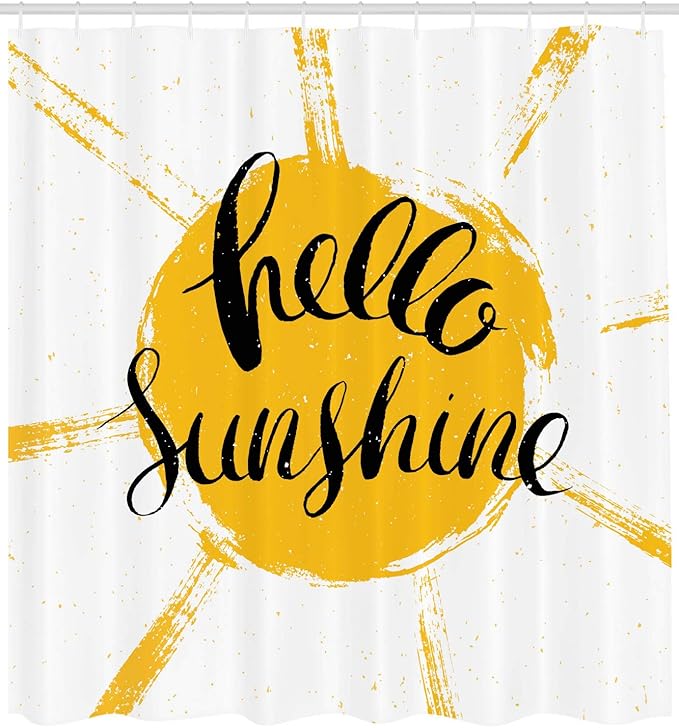 Ambesonne Hello Sunshine Shower Curtain, Vintage Composition with Words and Grunge Sun, Cloth Fabric Bathroom Decor Set with Hooks, 69" W x 70" L, Earth Yellow Grey