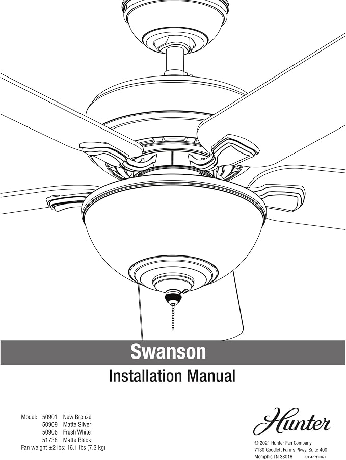 Hunter Swanson, Indoor, Ceiling Fan, with LED Light, 52 inch, Fresh White