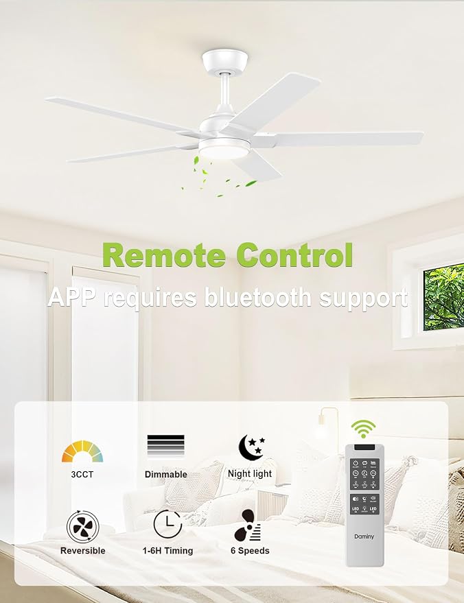 DAMINY 52 inch White Ceiling Fans with Lights,5 Blades,3CCT, Low Profile,Remote Control,for Bedroom, Kitchen,Living Room,Indoor/Outdoor Use,Downrod