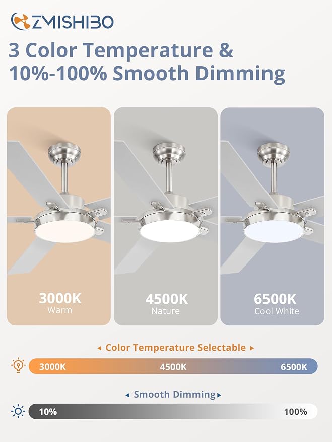 ZMISHIBO 60 Inch Ceiling Fans with Lights, Smart Remote/APP Control, Modern Ceiling Fan with 6 Speeds & 3CCT, Dimmable 30W LED, Quiet DC Motor, Noiseless for Living Room, Bedroom, Kitchen, Nickel