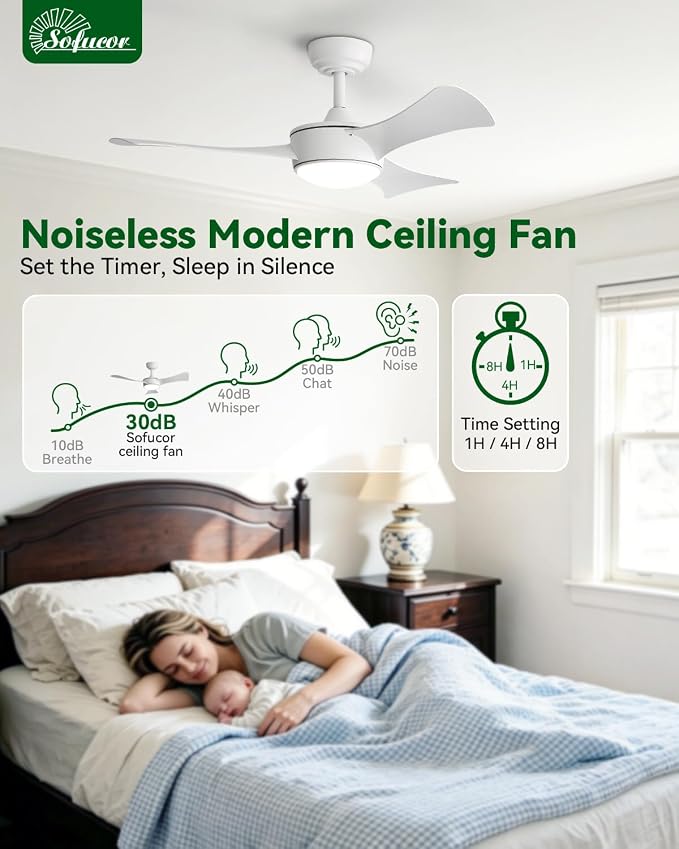 Sofucor 42 Inch Ceiling Fans with Lights-Modern White Bedroom Ceiling Fan with Remote, Plug-in Blades Quick Install, Reversible Quiet DC Motor, Outdoor Small Ceiling Fan for Kitchen/Living Room/Patios