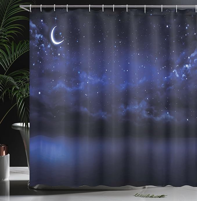 Ambesonne Night Sky Shower Curtain, Starry Cartoon Design Sky with Lunar Moon and Stars Clouds Sea Scenery, Cloth Fabric Bathroom Decor Set with Hooks, 69" W x 84" L, Dark Blue and White