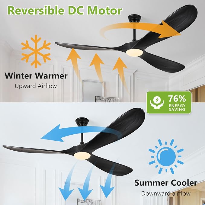 Haipeel 72 Inch Wood Ceiling Fans with Lights and Remote Control, Outdoor Ceiling Fan with Light Solid Wood Modern Black Large Ceiling Fans Propeller Indoor Patios Garage Bedroom High cfm, Matte Black
