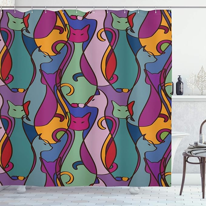 Ambesonne Cat Shower Curtain, Colorful Kittens Domestic Contour Geometric Design, Cloth Fabric Bathroom Decor Set with Hooks, 69" W x 70" L, Pink Magenta